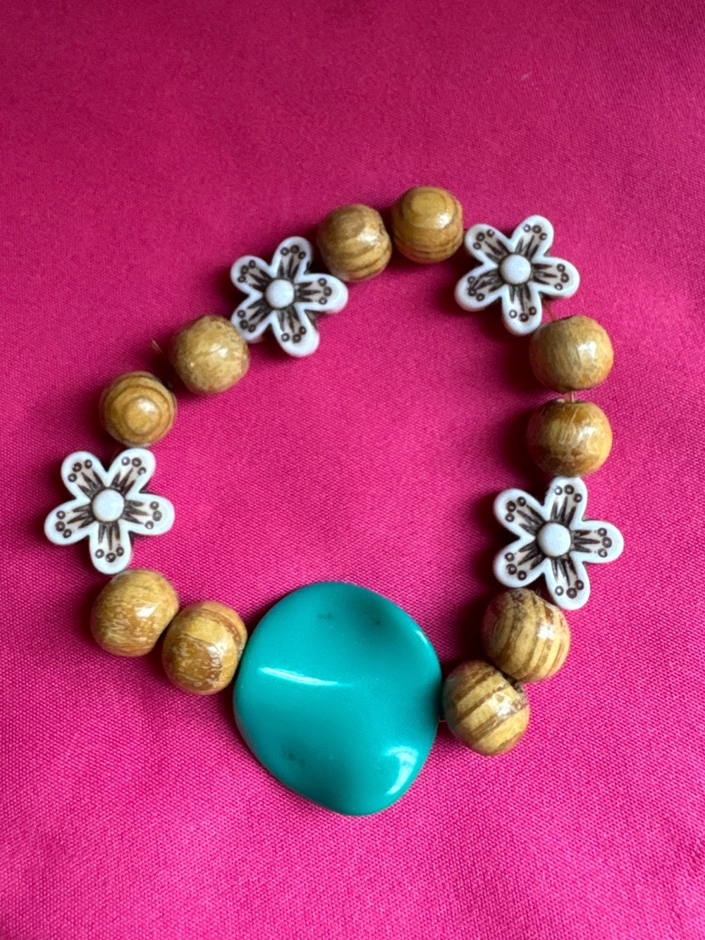 Wood Bead Stretch Bracelet with Turquoise Center and White Flower Accents